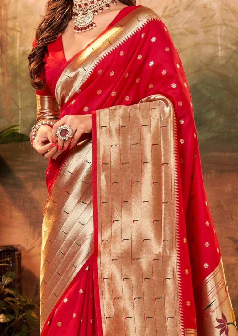 Pure Silk Paithani With Zari Weaving Bright Red Saree