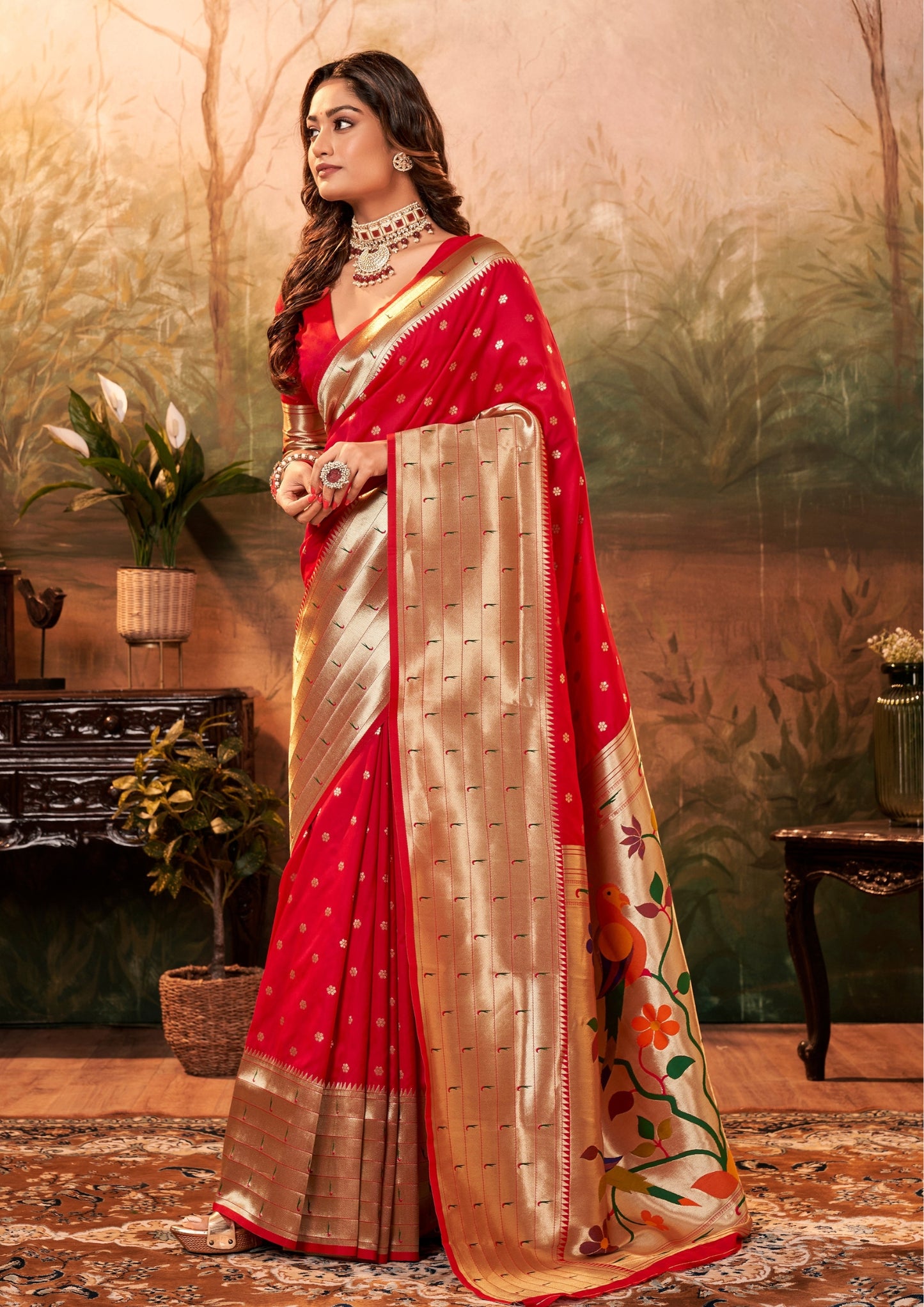 Pure Silk Paithani With Zari Weaving Bright Red Saree
