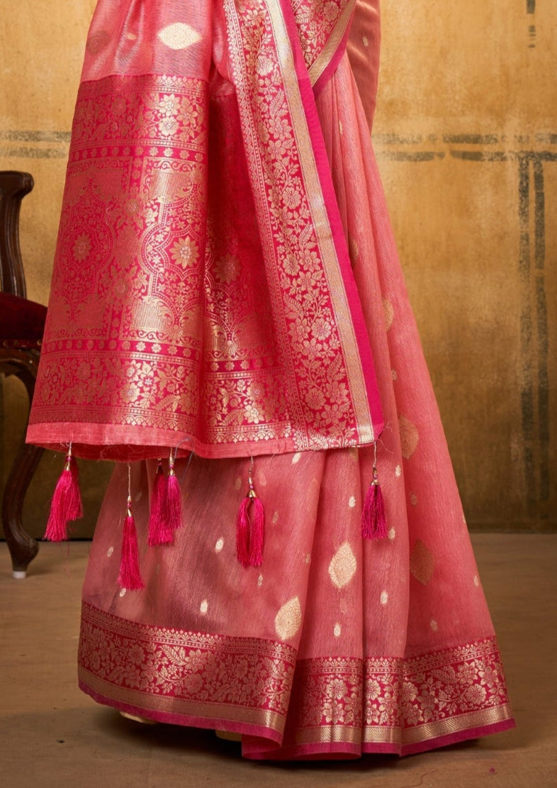 Banarsi Tissue with Contrast Border Zari Work Pink Saree