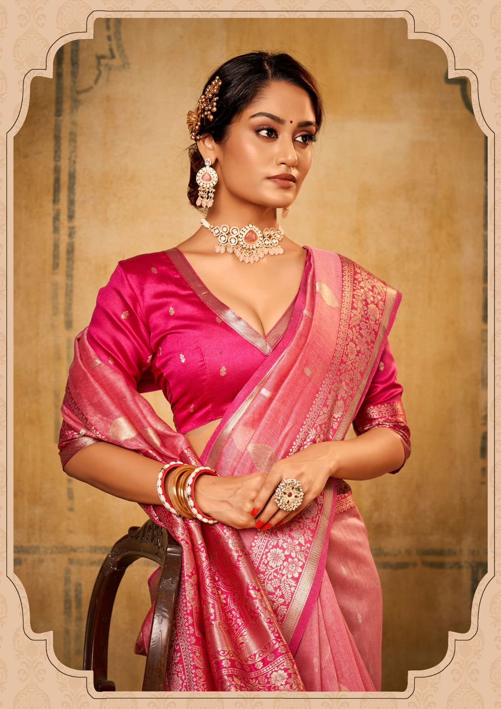 Banarsi Tissue with Contrast Border Zari Work Pink Saree