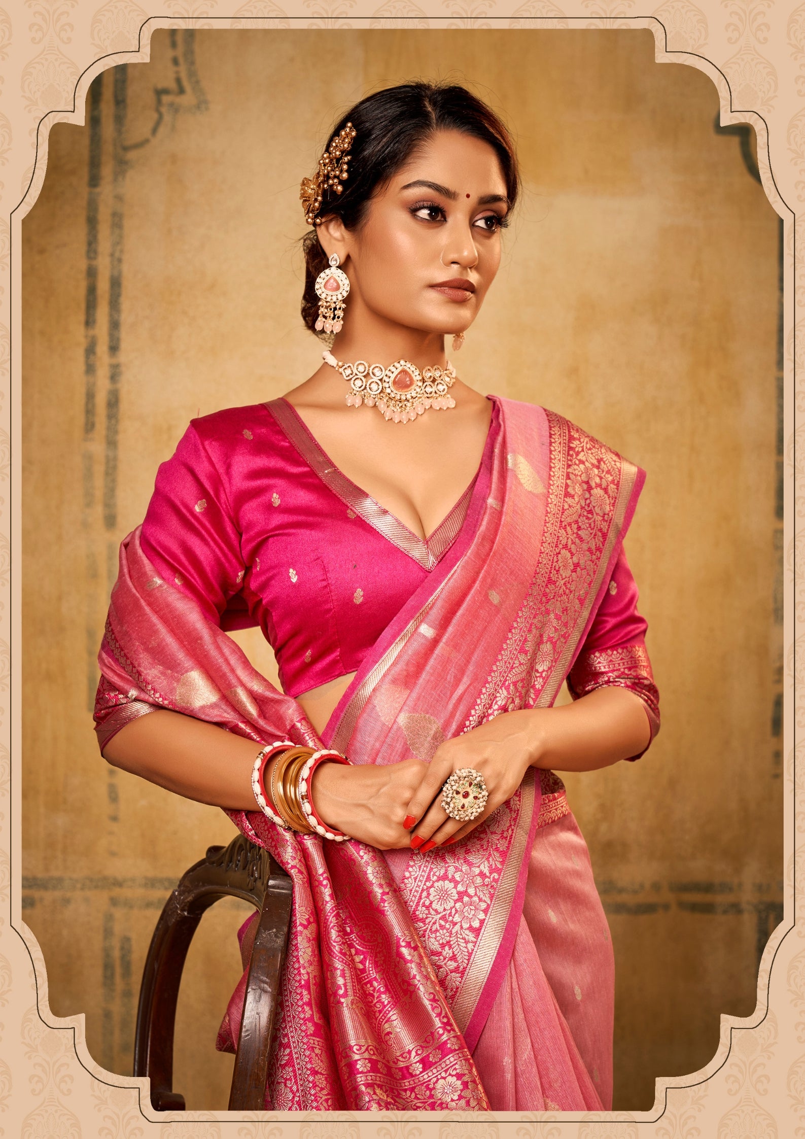 Banarsi Tissue with Contrast Border Zari Work Pink Saree