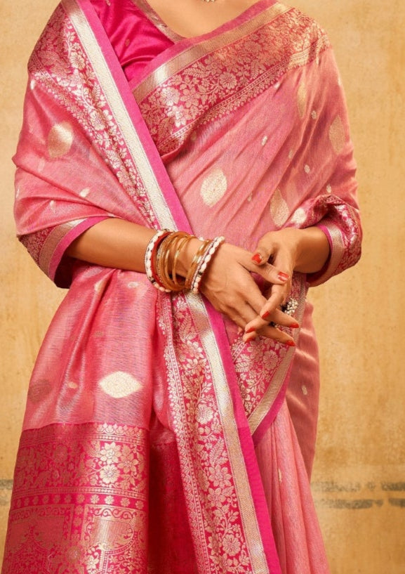 Banarsi Tissue with Contrast Border Zari Work Pink Saree
