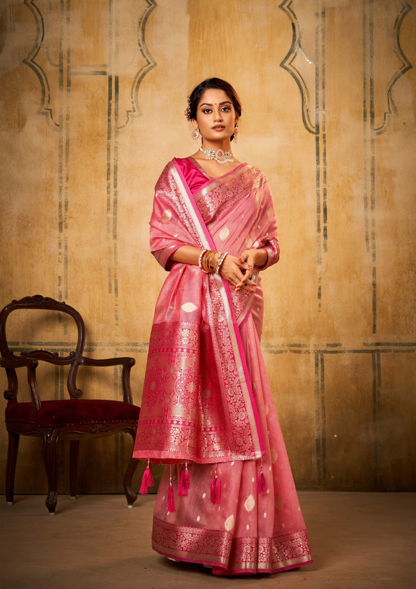 Banarsi Tissue with Contrast Border Zari Work Pink Saree