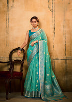 Banarsi Tissue with Contrast Border Zari Work Turquoise Blue Saree