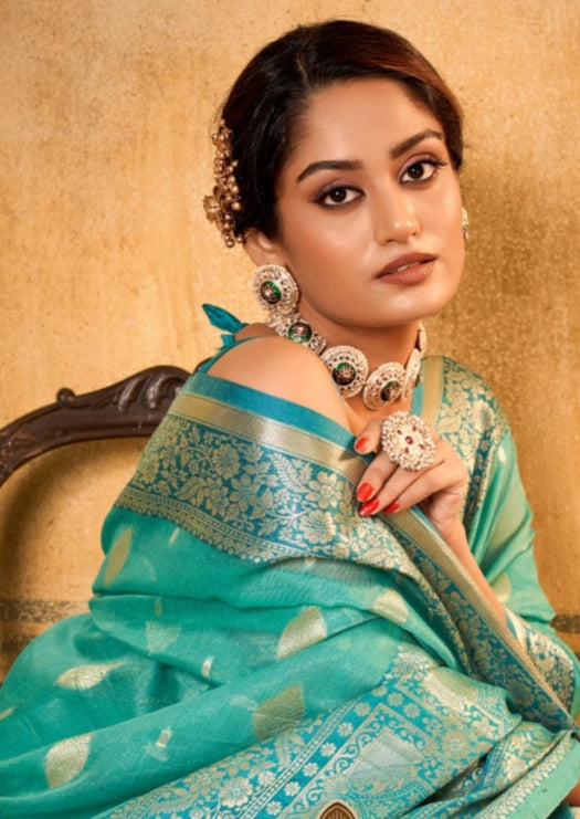 Banarsi Tissue with Contrast Border Zari Work Turquoise Blue Saree