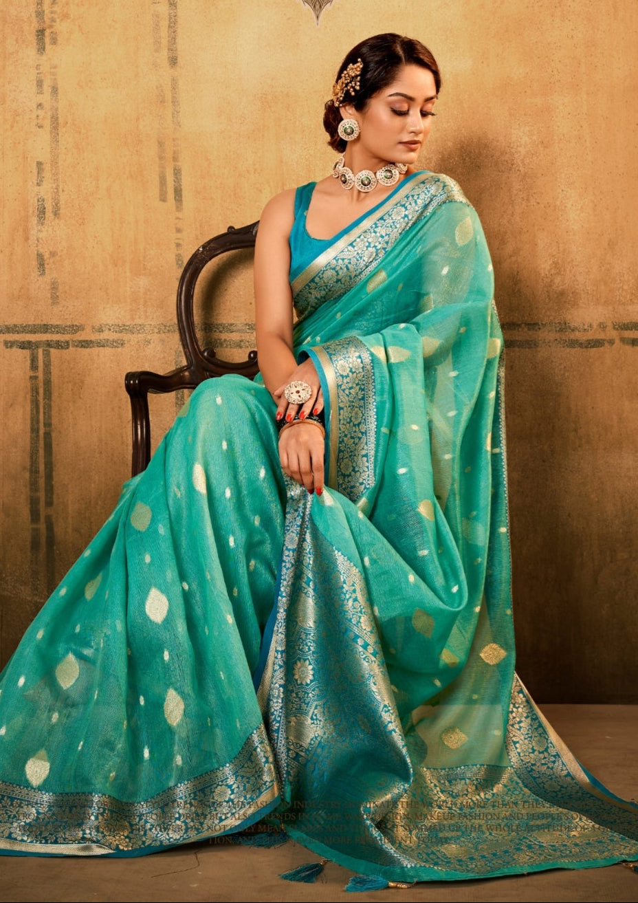Banarsi Tissue with Contrast Border Zari Work Turquoise Blue Saree