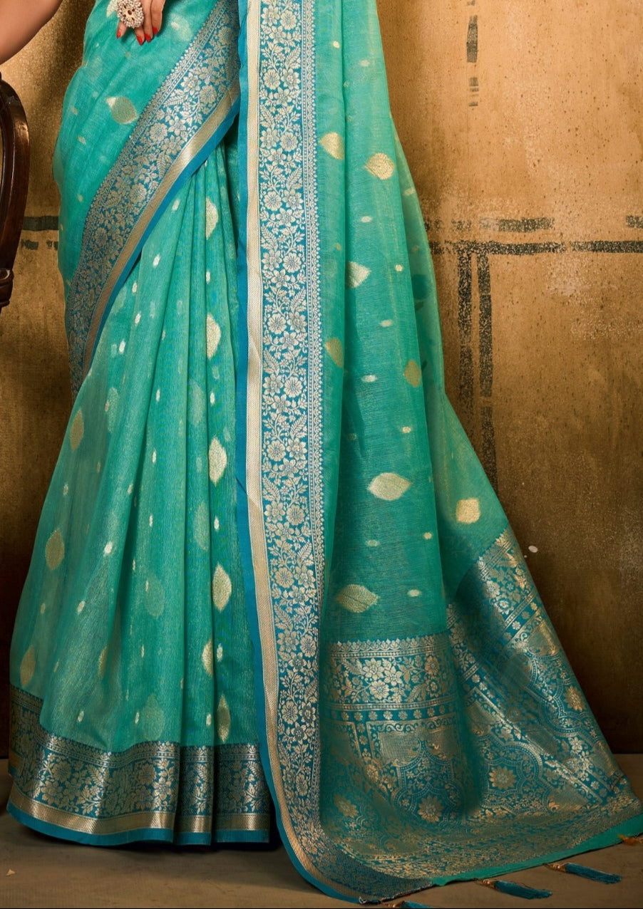 Banarsi Tissue with Contrast Border Zari Work Turquoise Blue Saree