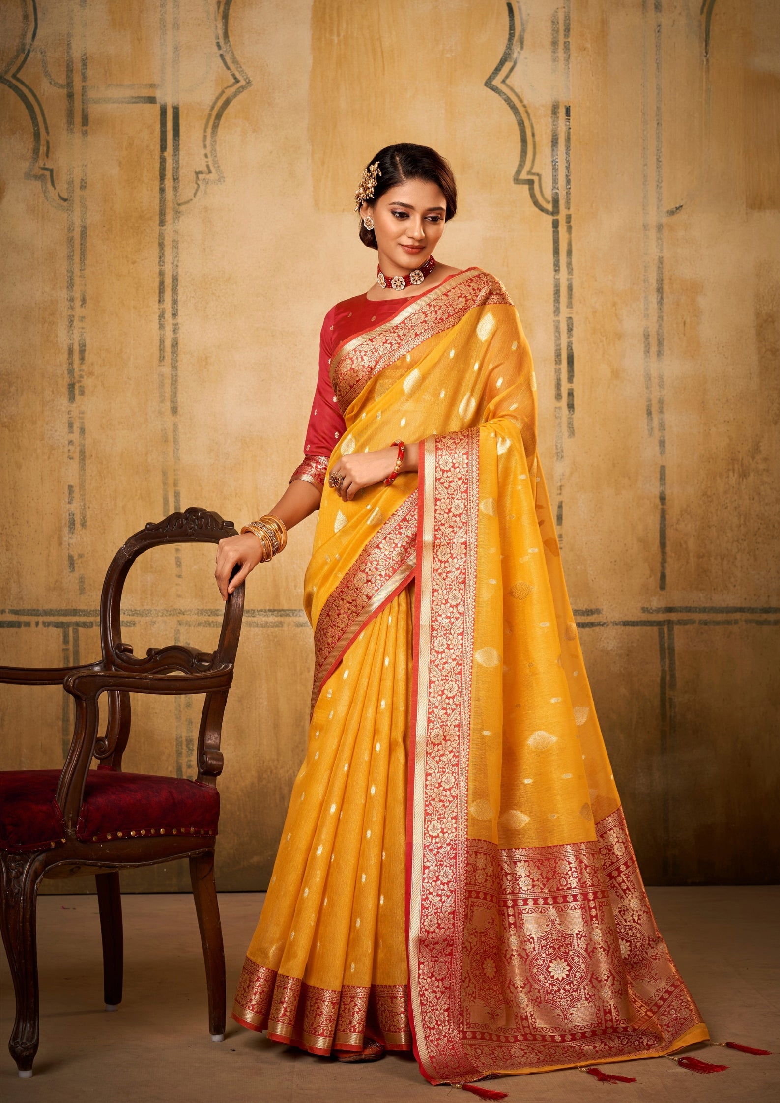 Banarsi Tissue with Contrast Border Zari Work Yellow Saree