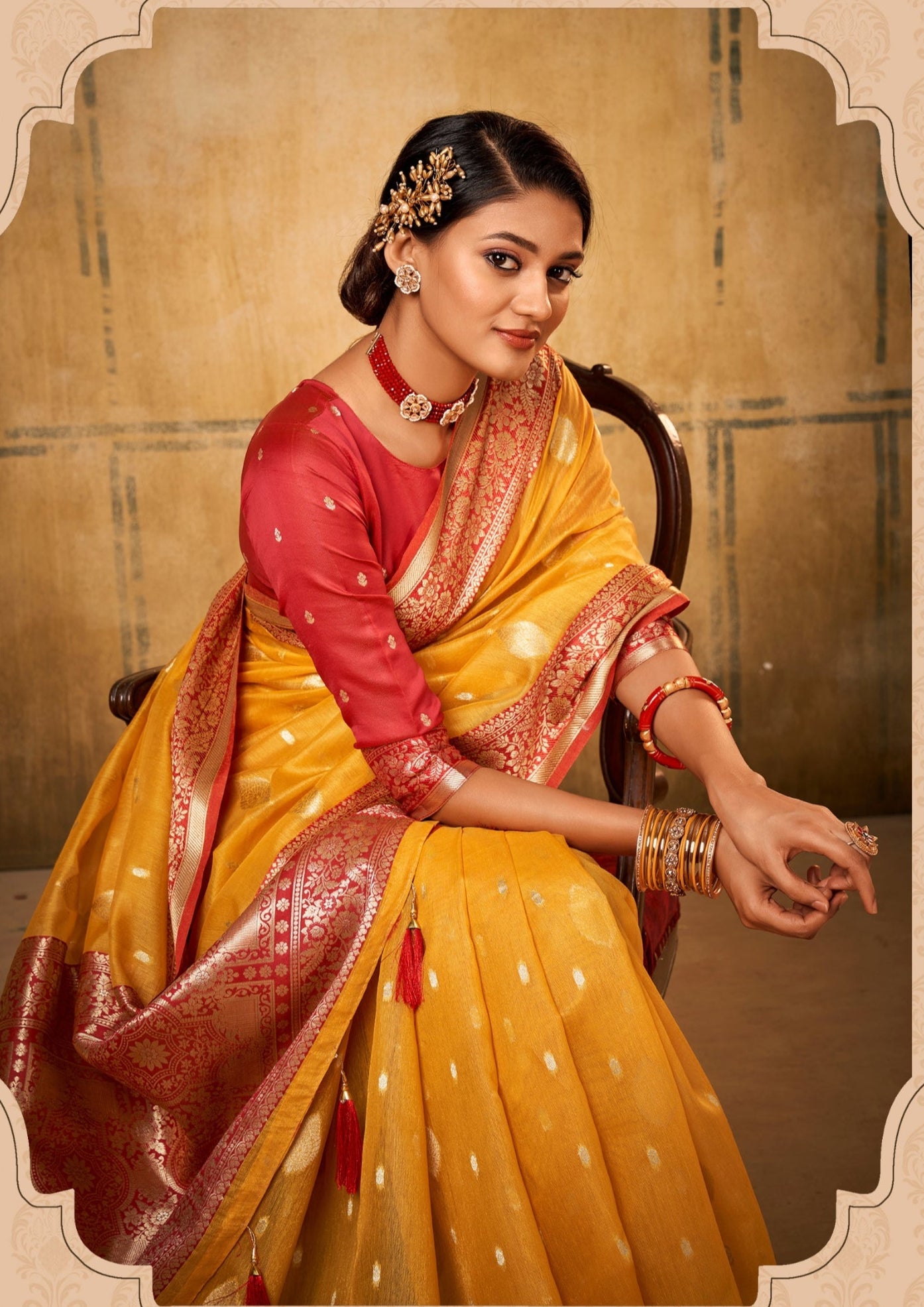 Banarsi Tissue with Contrast Border Zari Work Yellow Saree