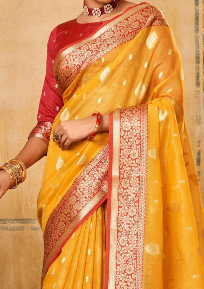 Banarsi Tissue with Contrast Border Zari Work Yellow Saree
