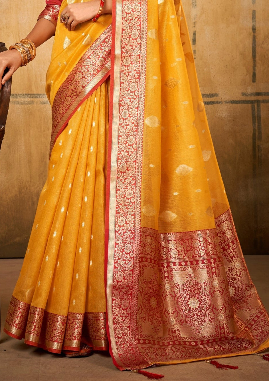 Banarsi Tissue with Contrast Border Zari Work Yellow Saree