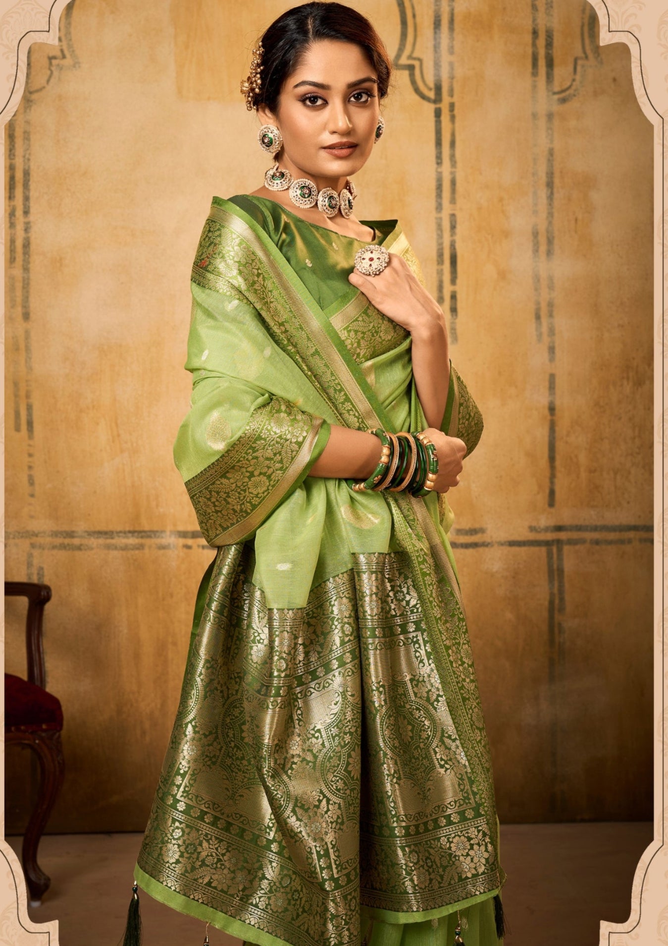 Banarsi Tissue with Contrast Border Zari Work Light Green Saree