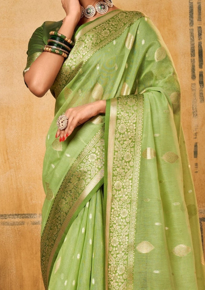 Banarsi Tissue with Contrast Border Zari Work Light Green Saree