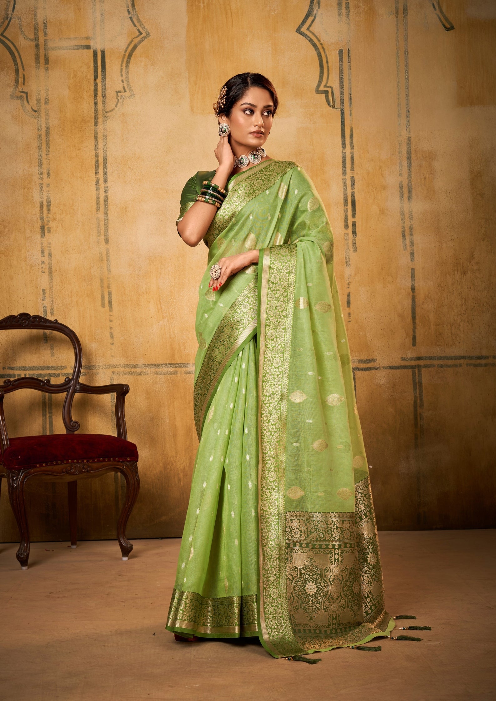 Banarsi Tissue with Contrast Border Zari Work Light Green Saree