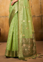 Banarsi Tissue with Contrast Border Zari Work Light Green Saree