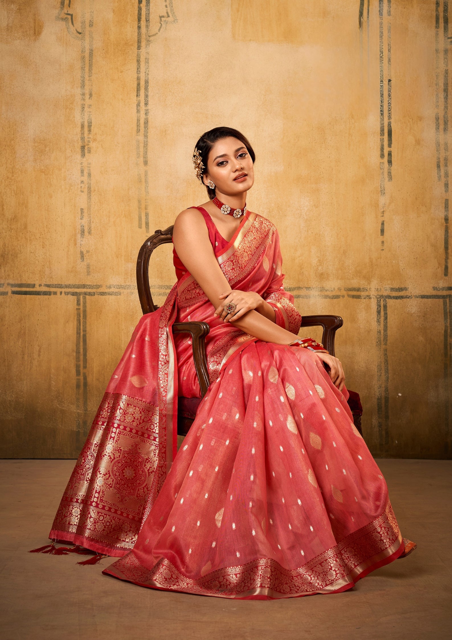 Banarsi Tissue with Contrast Border Zari Work Red Saree