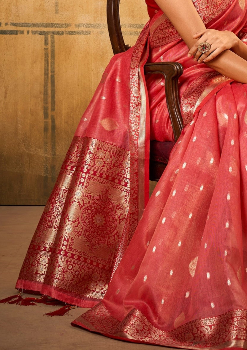Banarsi Tissue with Contrast Border Zari Work Red Saree