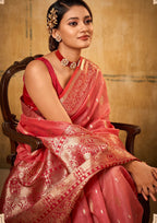 Banarsi Tissue with Contrast Border Zari Work Red Saree