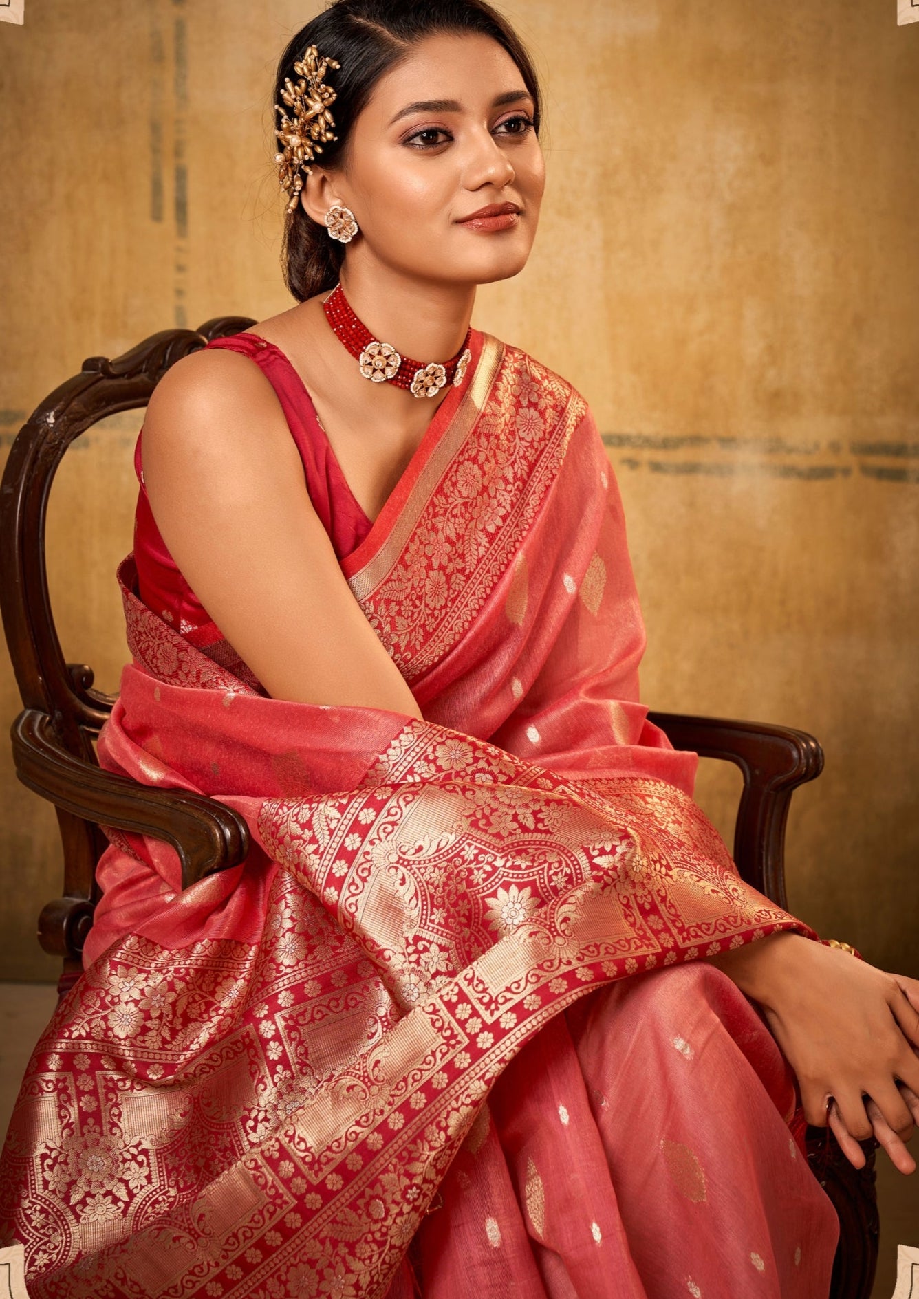 Banarsi Tissue with Contrast Border Zari Work Red Saree