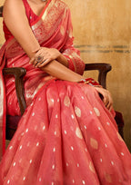 Banarsi Tissue with Contrast Border Zari Work Red Saree