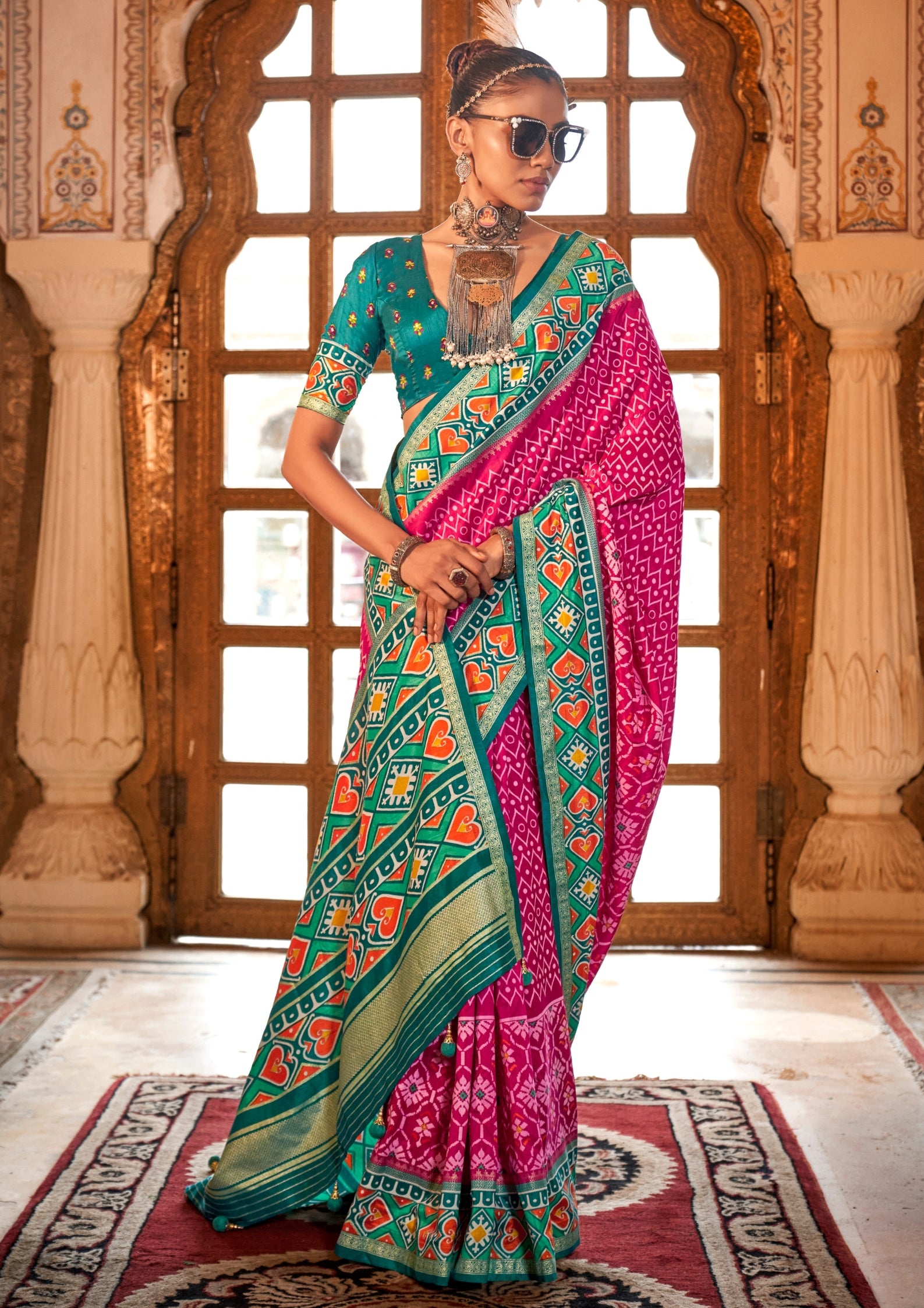 Super PV Silk Patola Design Magenta Saree With Contrast Border