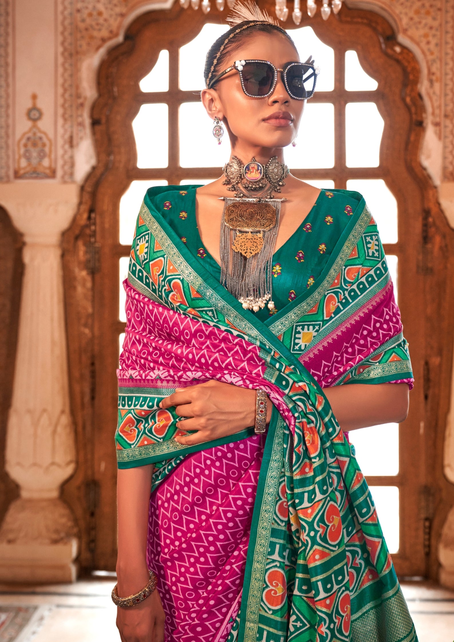 Super PV Silk Patola Design Magenta Saree With Contrast Border