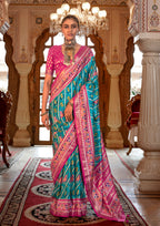 Super PV Silk Patola Design Teal Saree With Contrast Border