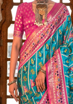 Super PV Silk Patola Design Teal Saree With Contrast Border