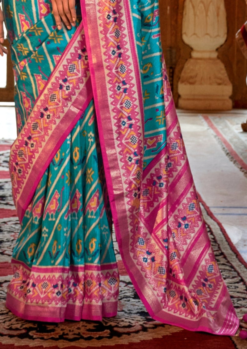 Super PV Silk Patola Design Teal Saree With Contrast Border