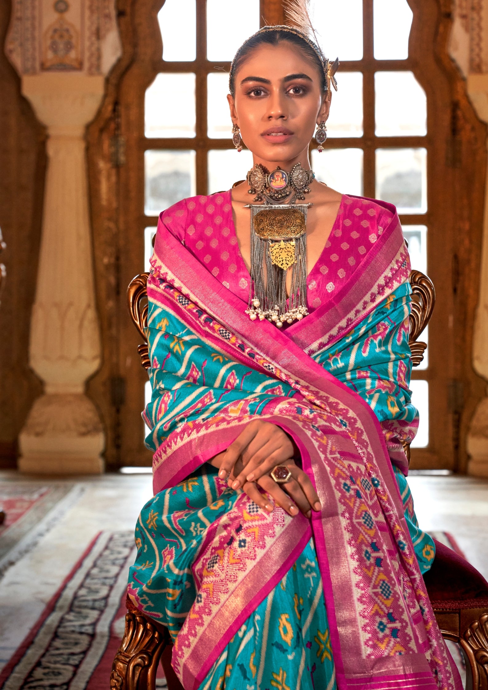 Super PV Silk Patola Design Teal Saree With Contrast Border