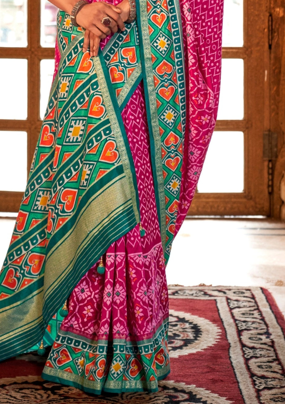 Super PV Silk Patola Design Magenta Saree With Contrast Border