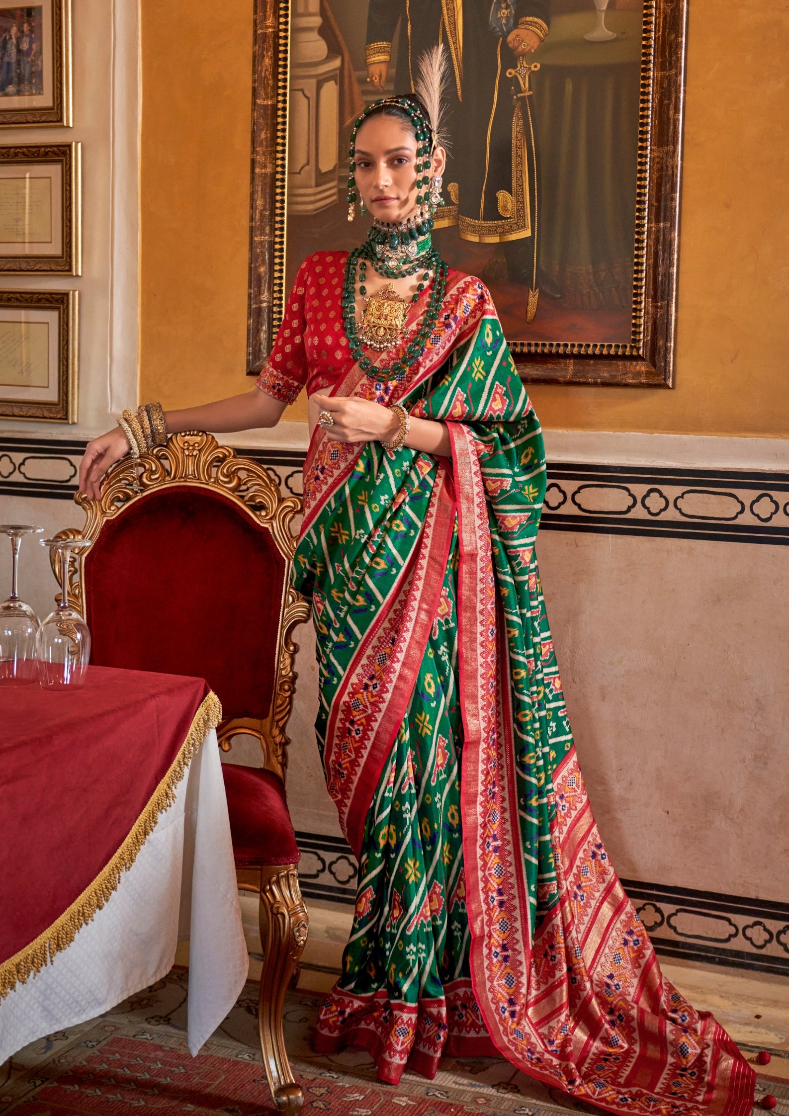 Super PV Silk Patola Design Dark Green Saree With Contrast Border