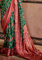 Super PV Silk Patola Design Dark Green Saree With Contrast Border
