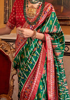 Super PV Silk Patola Design Dark Green Saree With Contrast Border