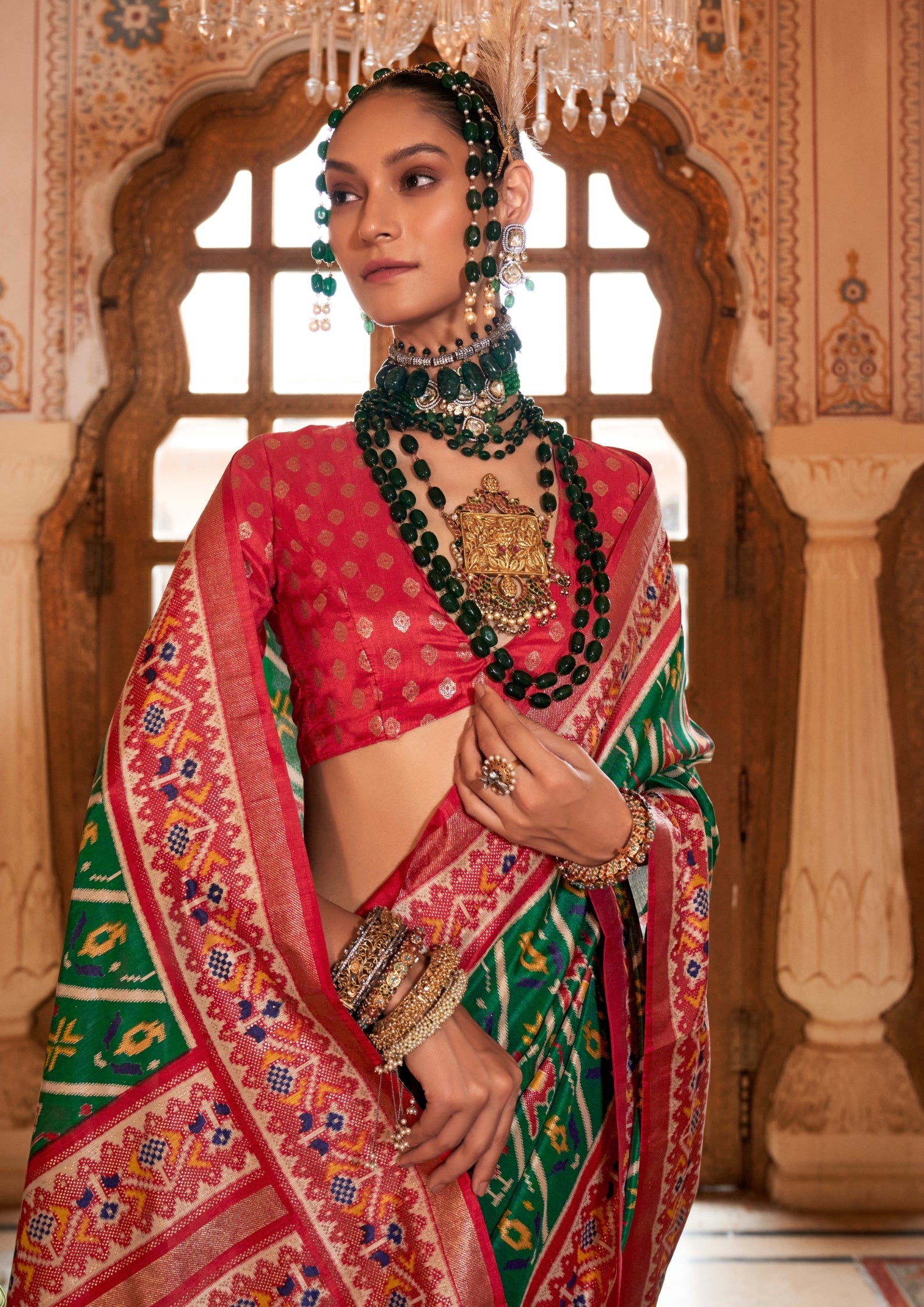 Super PV Silk Patola Design Dark Green Saree With Contrast Border