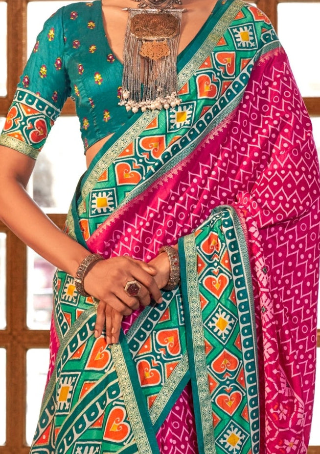 Super PV Silk Patola Design Magenta Saree With Contrast Border