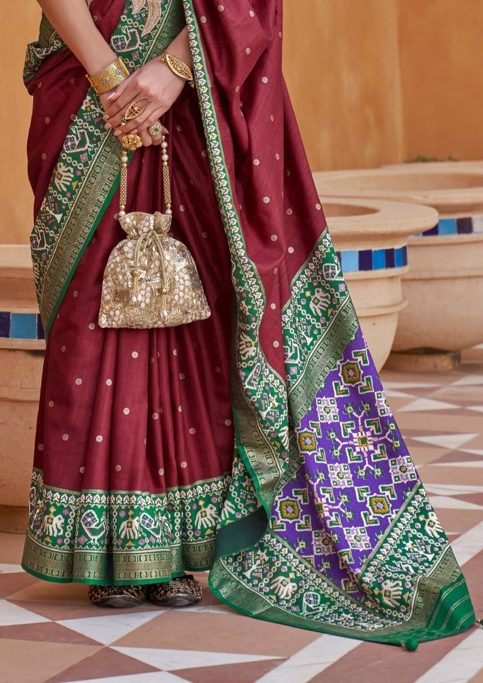 Pure Patola Silk Contrast Border Maroon Saree