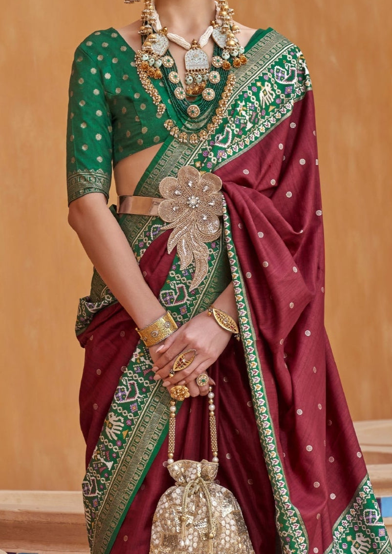 Pure Patola Silk Contrast Border Maroon Saree