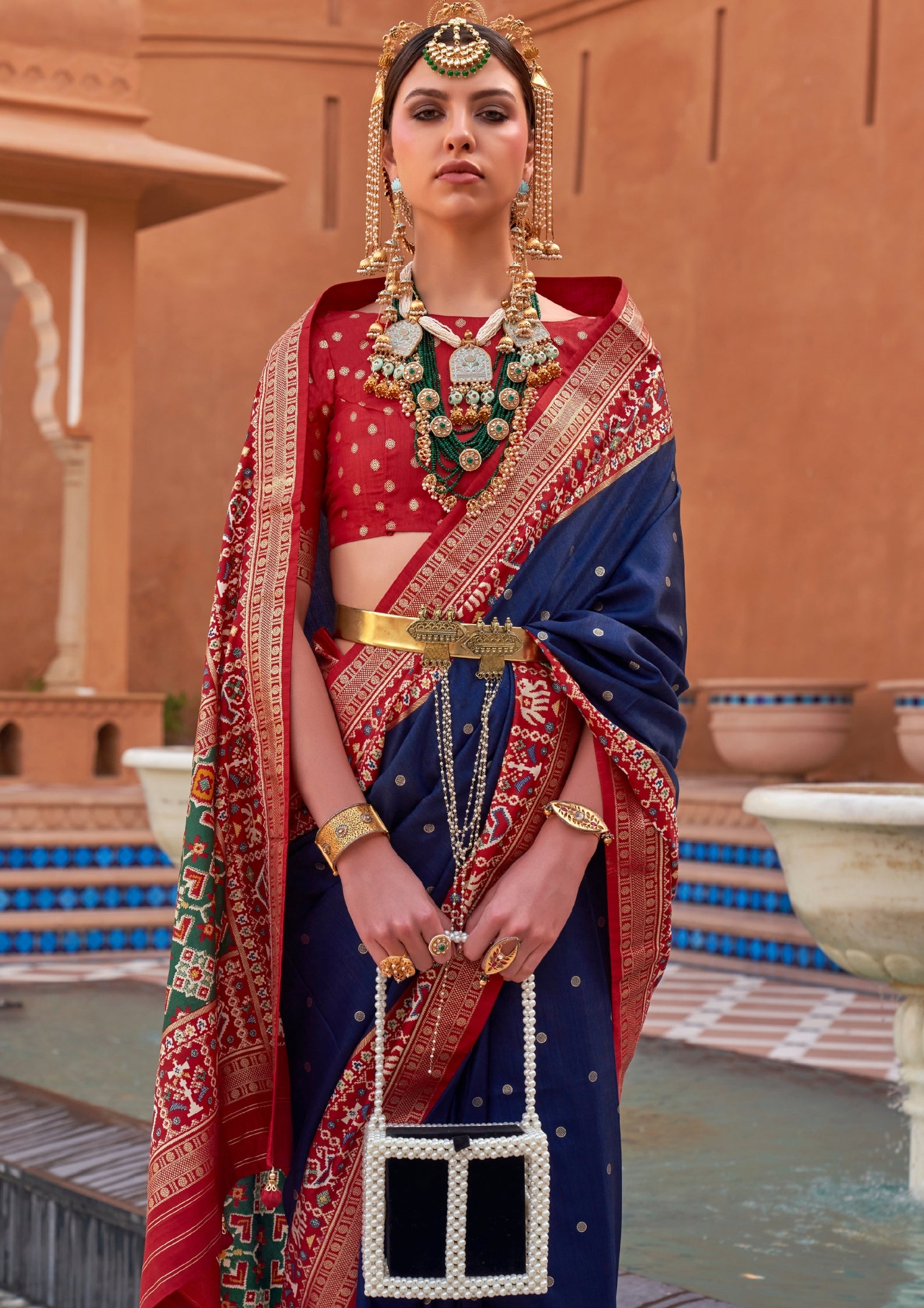 Pure Patola Silk Contrast Border Navy Blue Saree