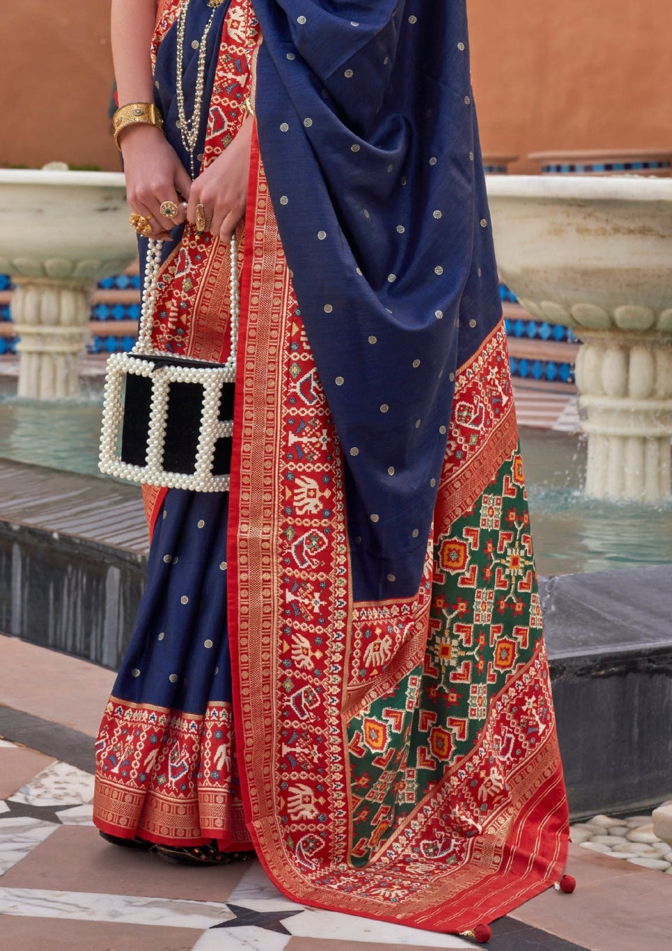 Pure Patola Silk Contrast Border Navy Blue Saree