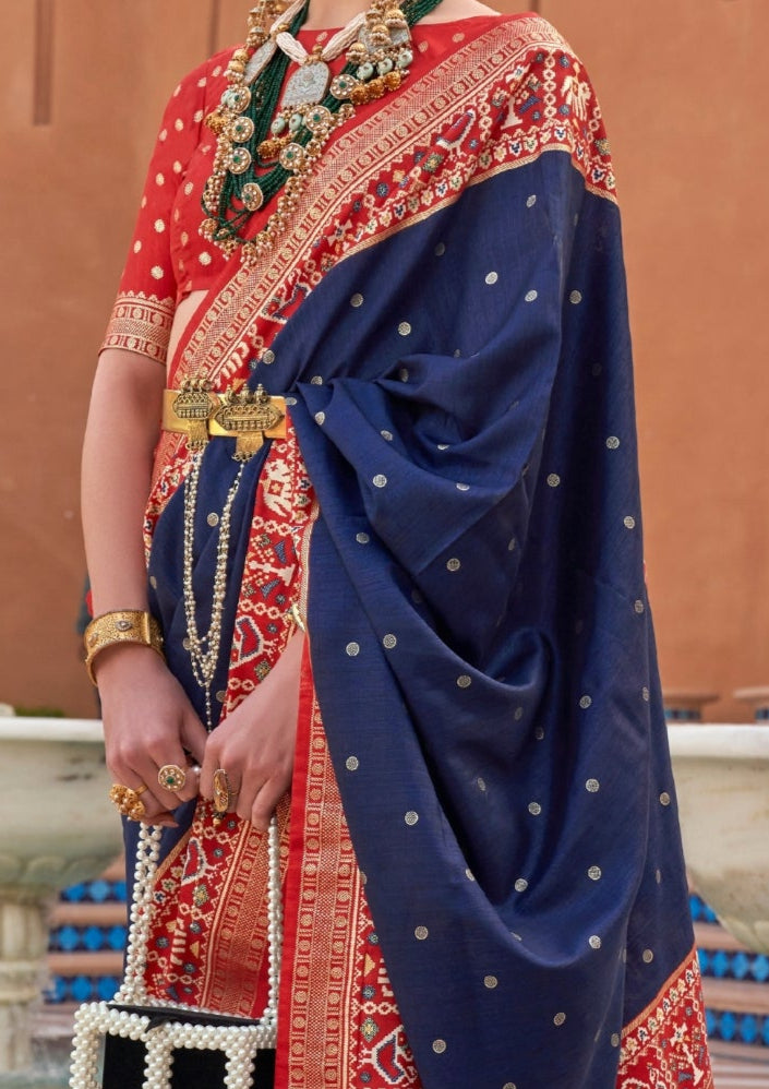 Pure Patola Silk Contrast Border Navy Blue Saree
