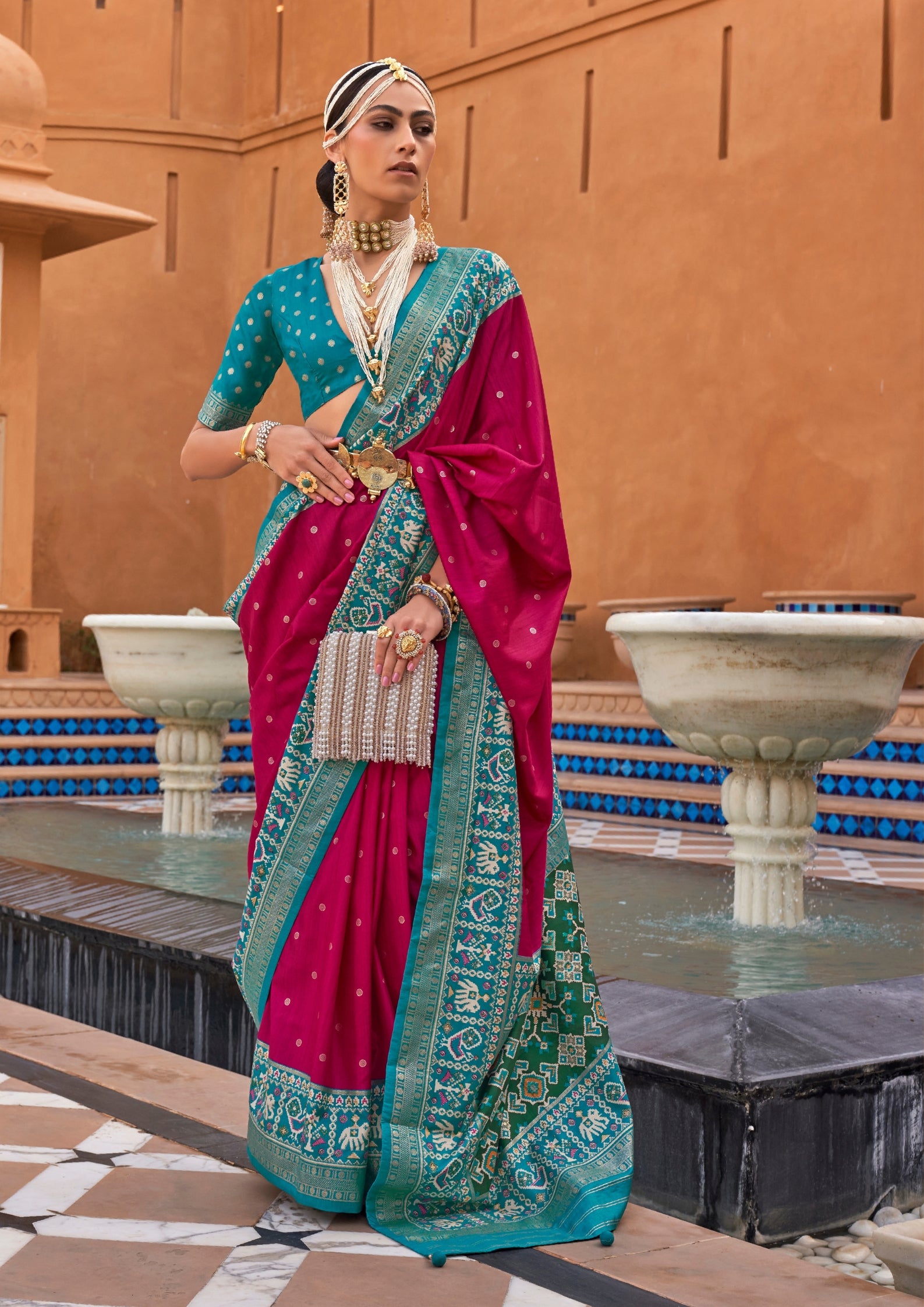 Pure Patola Silk Contrast Border Bright Pink Saree
