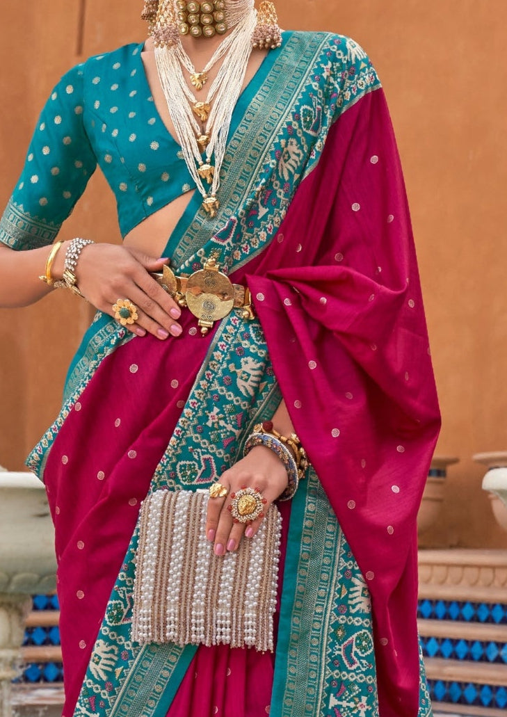 Pure Patola Silk Contrast Border Bright Pink Saree