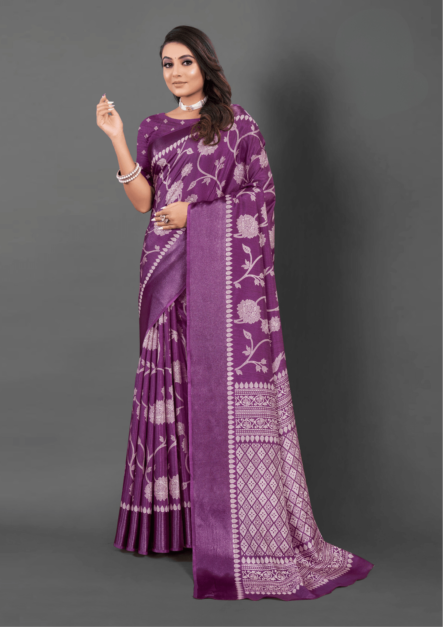 Saree Purple Floral Print Dola Saree - SaviDurga