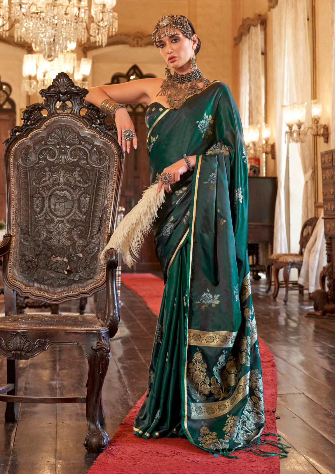 EMERALD GREEN -PURE SATIN HANDLOOM WEAVING SILK