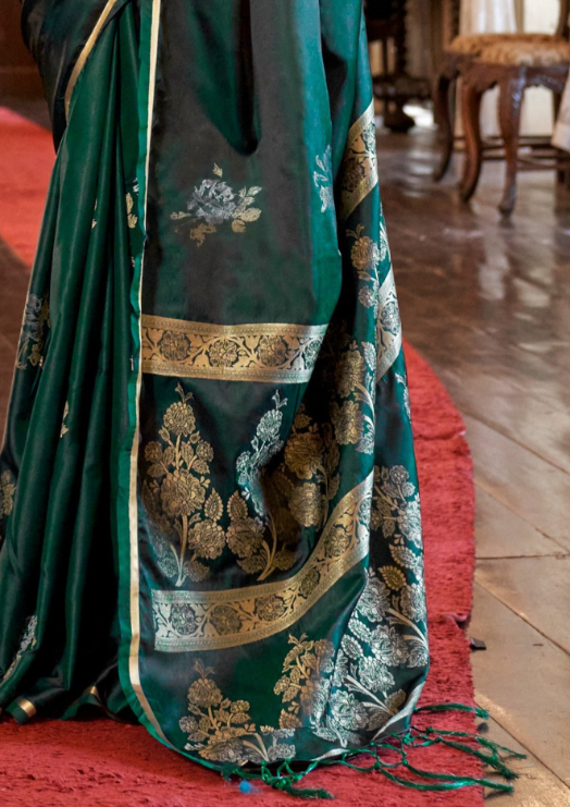 EMERALD GREEN -PURE SATIN HANDLOOM WEAVING SILK