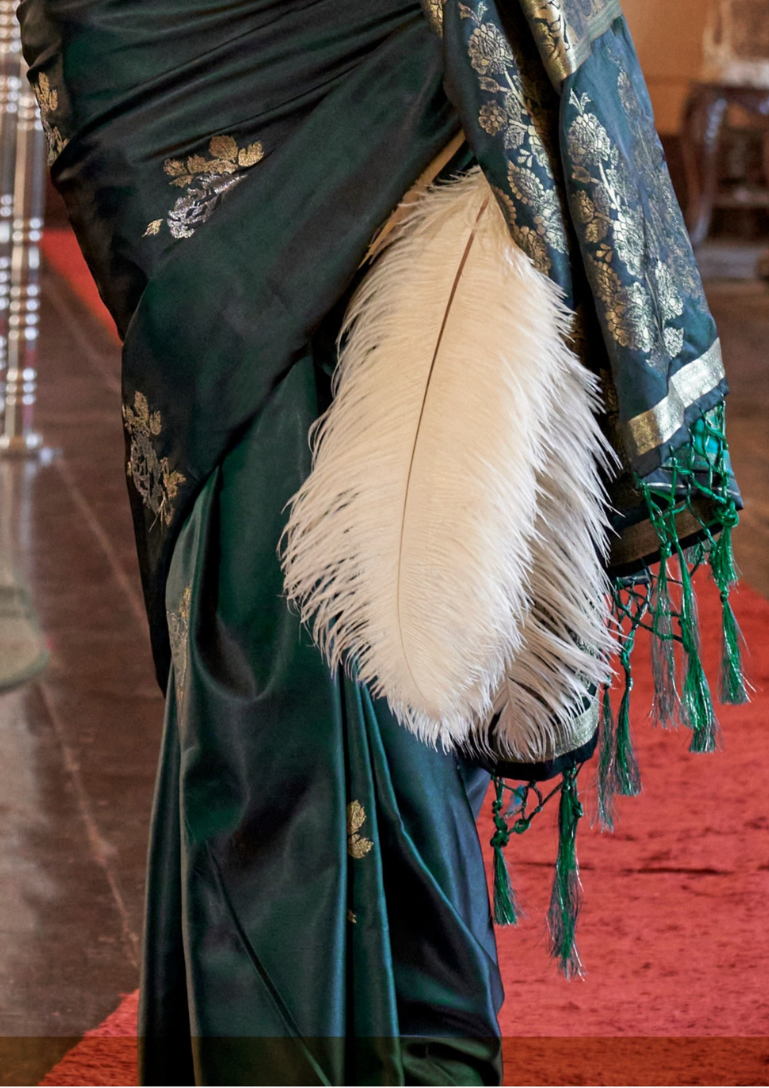 EMERALD GREEN -PURE SATIN HANDLOOM WEAVING SILK