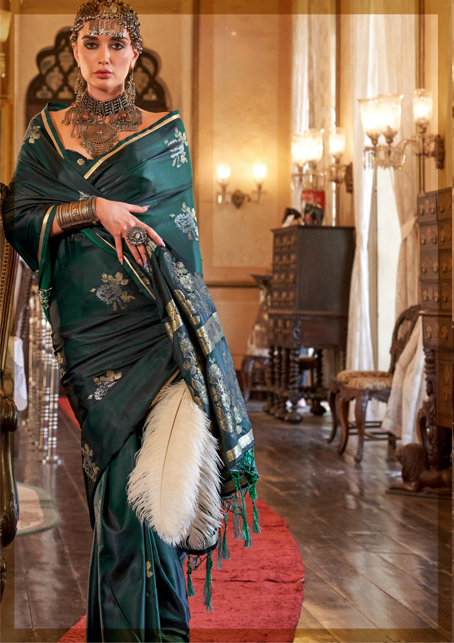 EMERALD GREEN -PURE SATIN HANDLOOM WEAVING SILK
