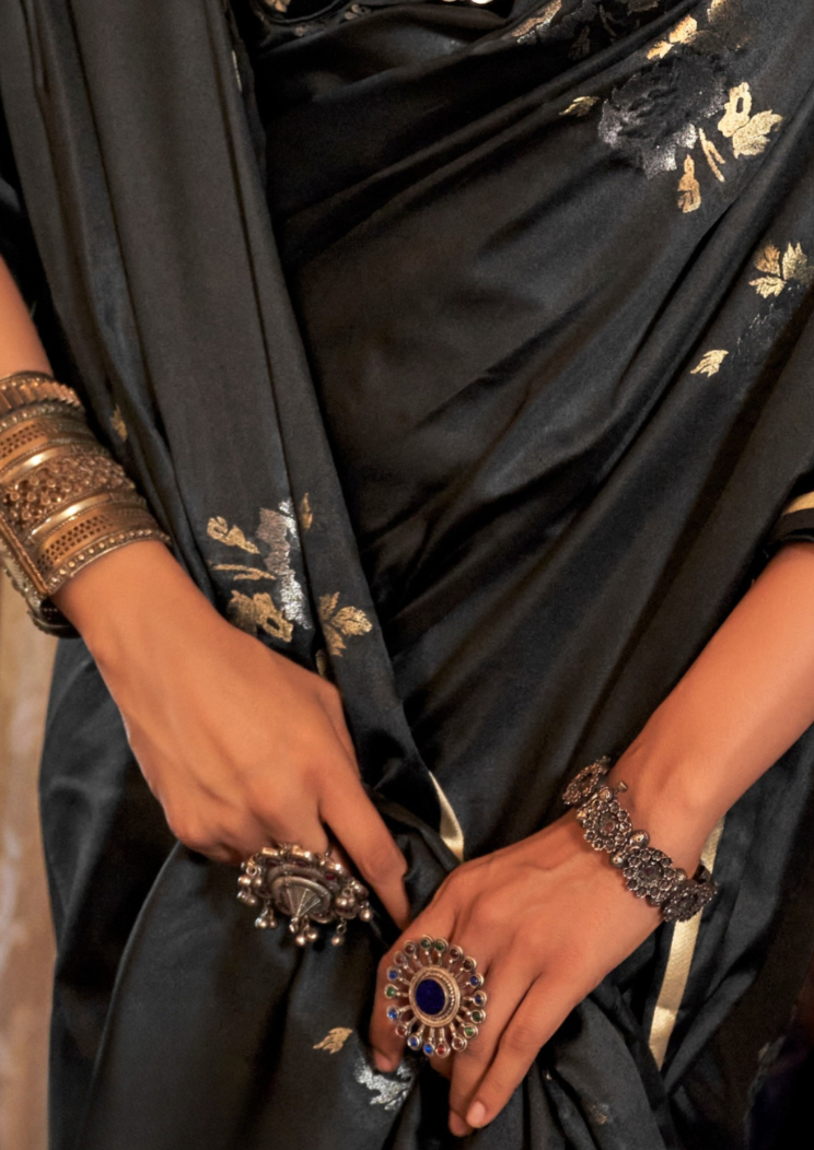 BLACK -PURE SATIN HANDLOOM WEAVING SILK