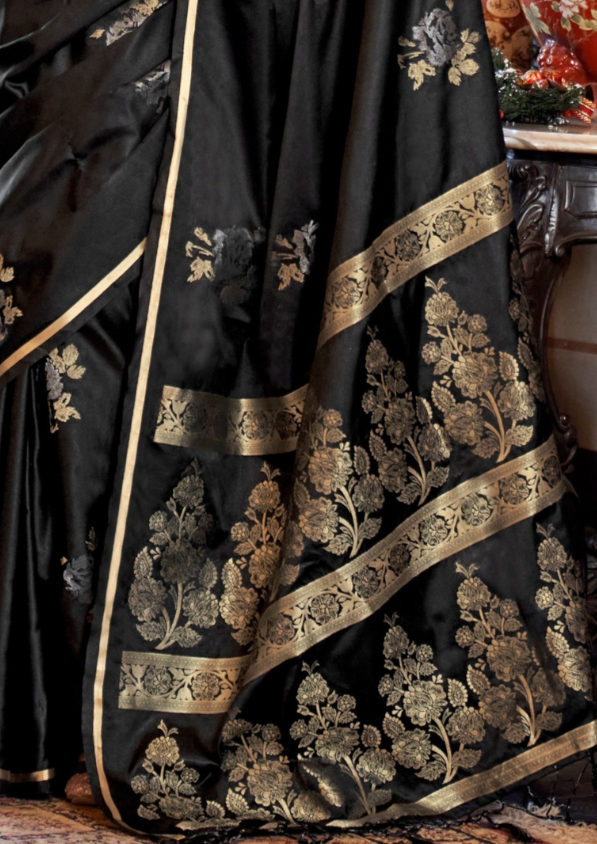 BLACK -PURE SATIN HANDLOOM WEAVING SILK